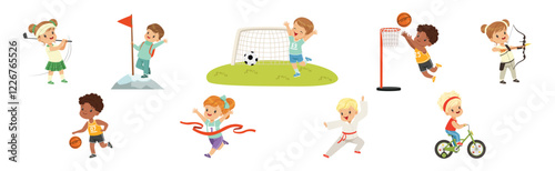Happy Children Playing Sport and Doing Physical Activity Vector Set