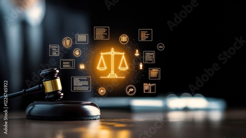 Digital Justice Concept with Gavel and Scales Representing Legal Technology and Compliance in Dark Environment