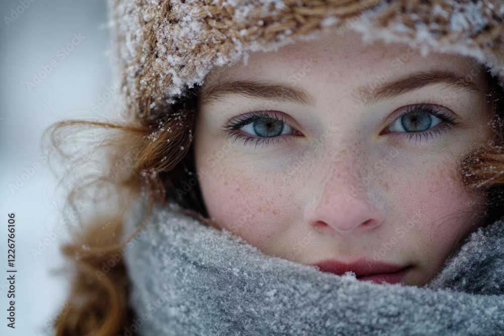 A close-up shot of a person's head and neck, wearing a hat and scarf A close-up shot of a person's head and neck, wearing a hat and scarf