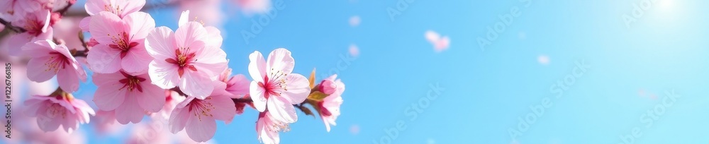 Blooming cherry blossoms against a clear blue sky, cherry blossoms, blue sky, petals Blooming cherry blossoms against a clear blue sky, cherry blossoms, blue sky, petals