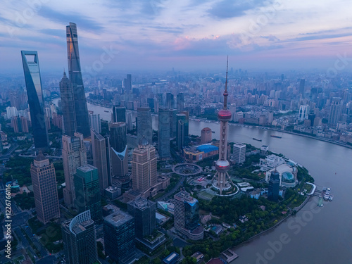 Photography Aerial view of shanghai skyline at sunrise