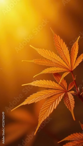 Cannabis leaves in shades of orange on a warm golden background, gold, leaves