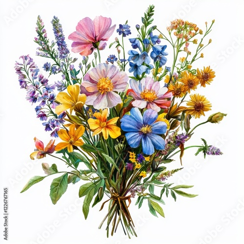 Vibrant Wildflower Bouquet with a Variety of Colors and Shapes on a White Background