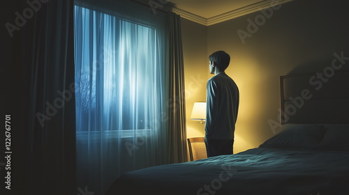 Cinematic Portrait of a Person Gazing Out a Window at Night with a Melancholic Reflection