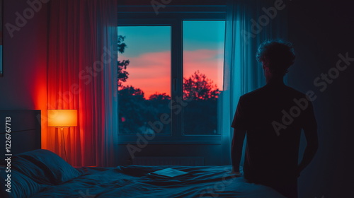 Cinematic Portrait of a Person Gazing Out a Window at Night with a Melancholic Reflection