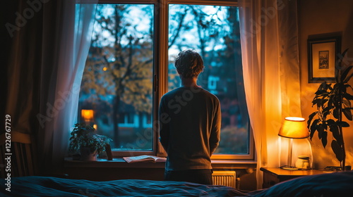 Cinematic Portrait of a Person Gazing Out a Window at Night with a Melancholic Reflection