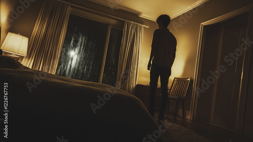 Cinematic Portrait of a Person Gazing Out a Window at Night with a Melancholic Reflection