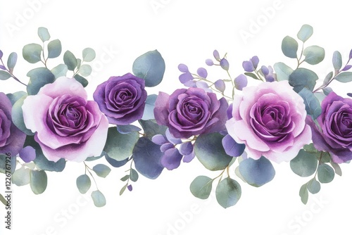 Elegant floral watercolor border with purple roses and lilac peonies, perfect for weddings, invitations, and greeting cards featuring lush eucalyptus leaves on a pristine background