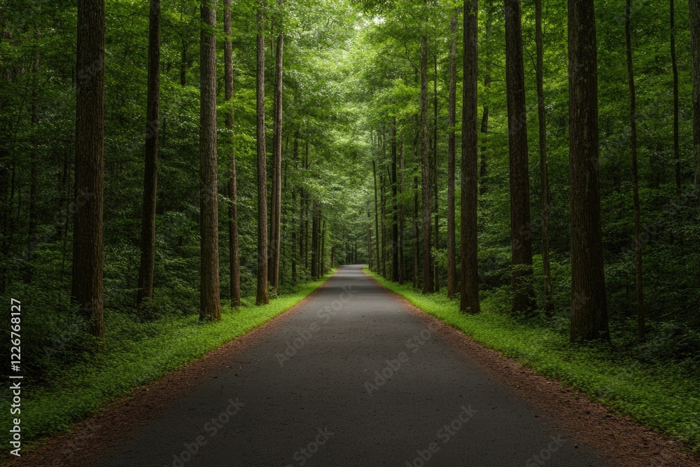 Lush forest surrounds serene, empty road inviting exploration an Lush forest surrounds serene, empty road inviting exploration an
