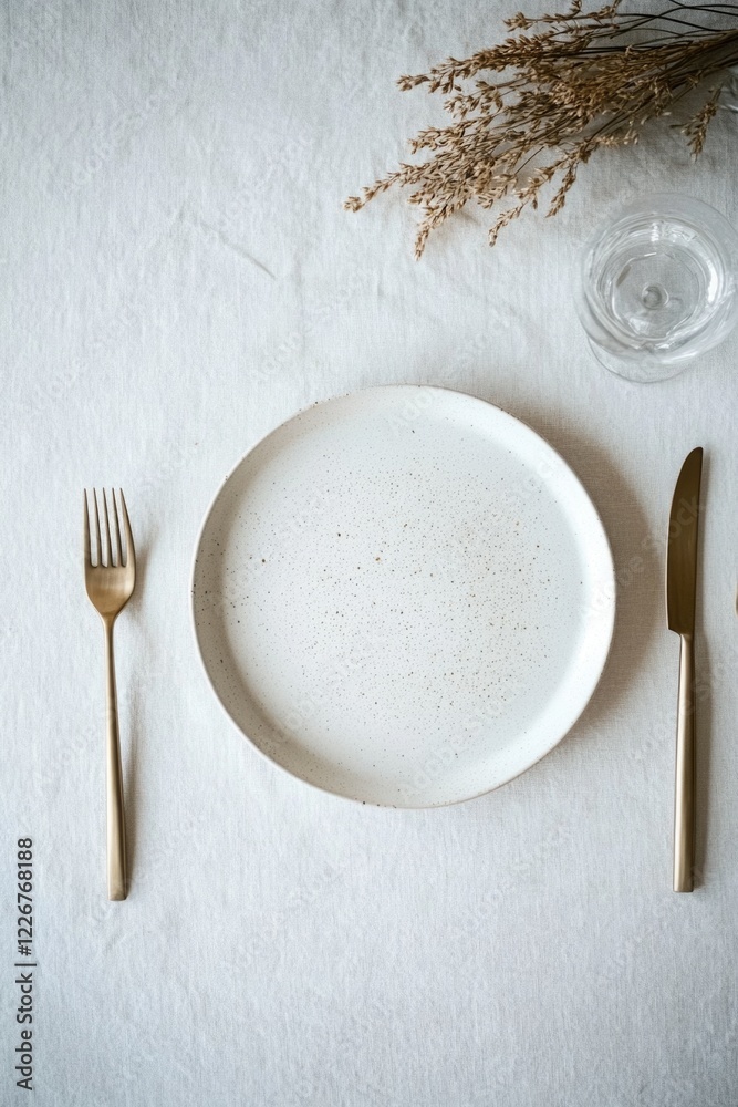 A white plate with a fork and knife on a table. The tablecloth is white and the table is empty A white plate with a fork and knife on a table. The tablecloth is white and the table is empty