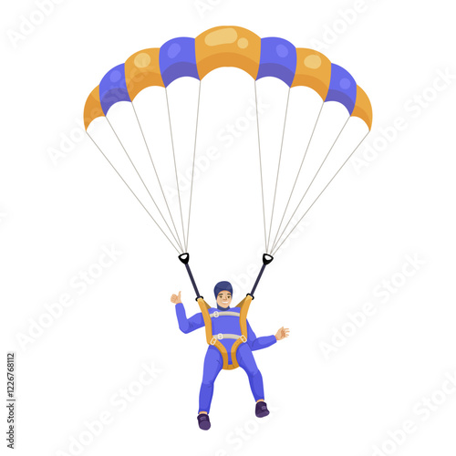 Skydiver in blue and orange gear glides with parachute in clear sky. White background. Concept of adventure and extreme sports. Vector illustration