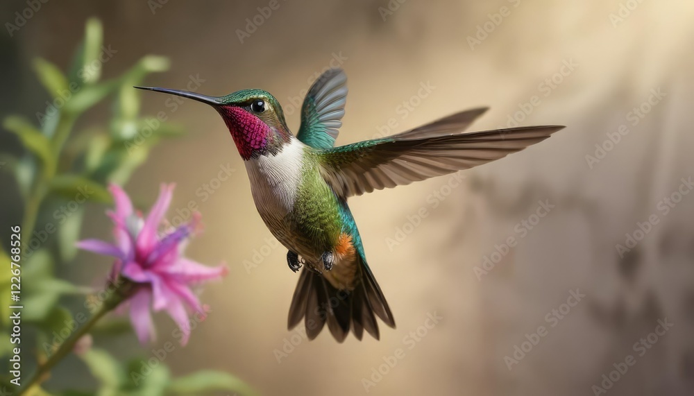 Fototapeta premium Hummingbird in flight with blurred background, wind, motion