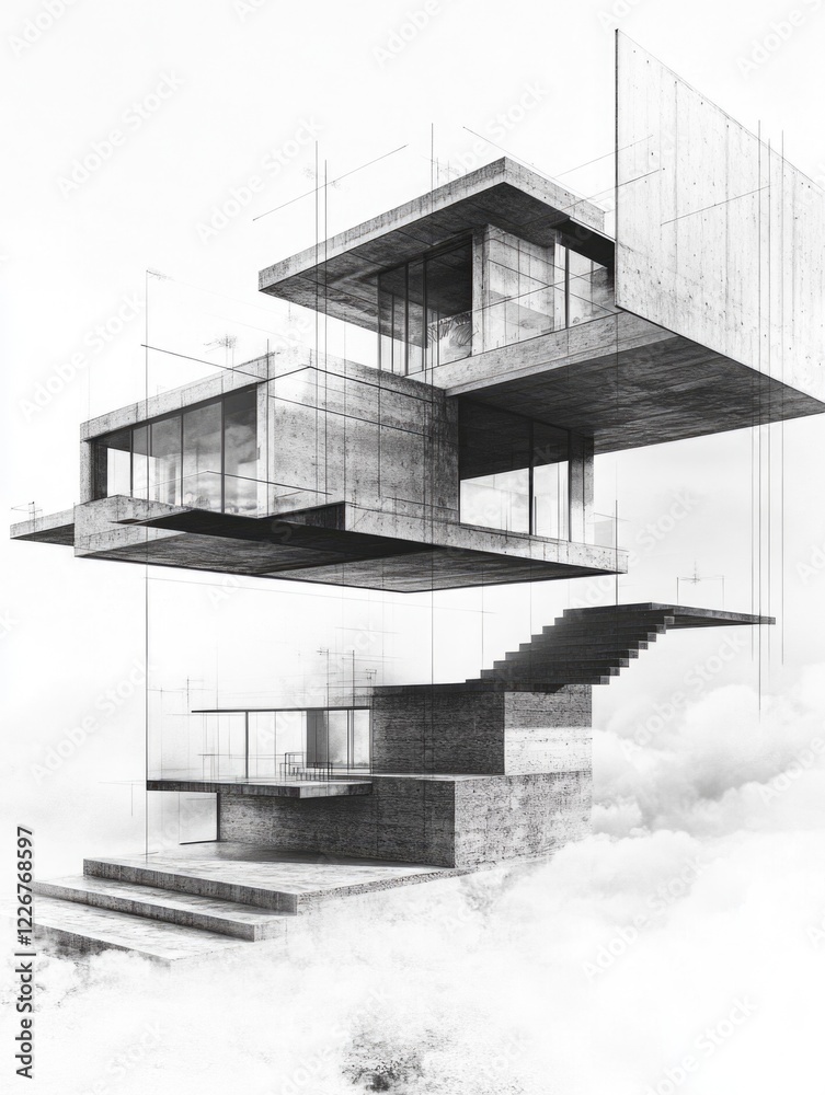 A conceptual rendering of a modern, multi-level house with cube structures and glass panels. The design features sleek lines and an interior view that showcases the space and design elements.