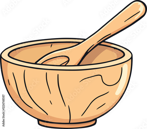 Wooden bowl with spoon lying inside, perfect for mixing ingredients