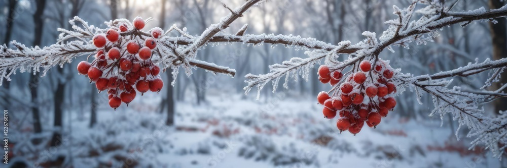 Icy branches covered in frost with red berries in snowy forest, holiday, Christmas, background, red berries, frost Icy branches covered in frost with red berries in snowy forest, holiday, Christmas, background, red berries, frost