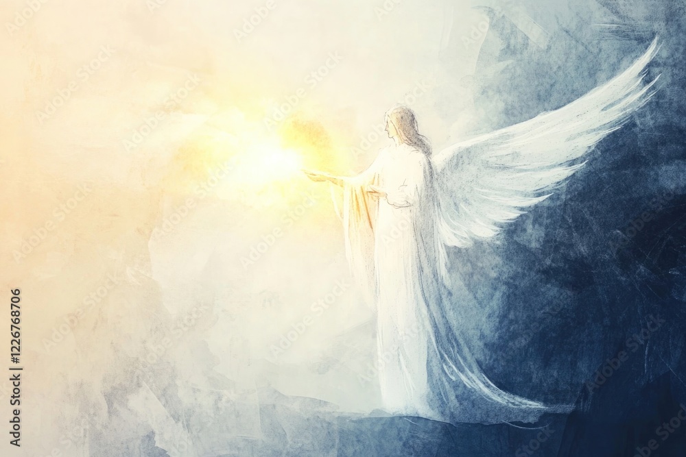 Naklejka premium Ethereal angelic figure radiates light, symbolizing hope and div