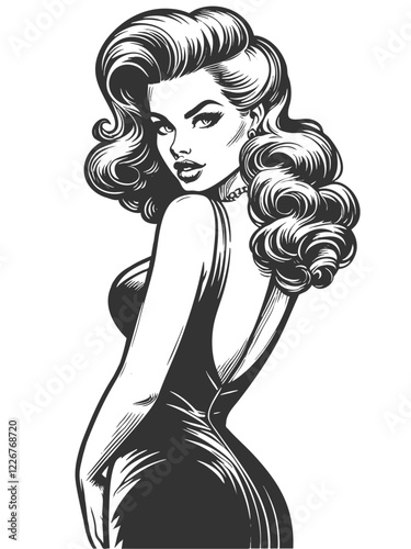 pin-up woman in a form-fitting dress, posing, vintage fashion sketch engraving generative ai fictional character vector illustration. Scratch board imitation. Black and white image.