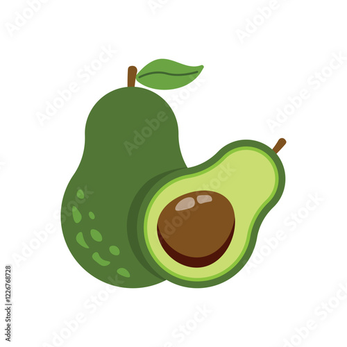 Avocado Fruit Illustration with Whole and Halved View.  Flat vector illustration of ripe avocado, featuring a whole fruit with leaf and halved section showing the seed, on a white background