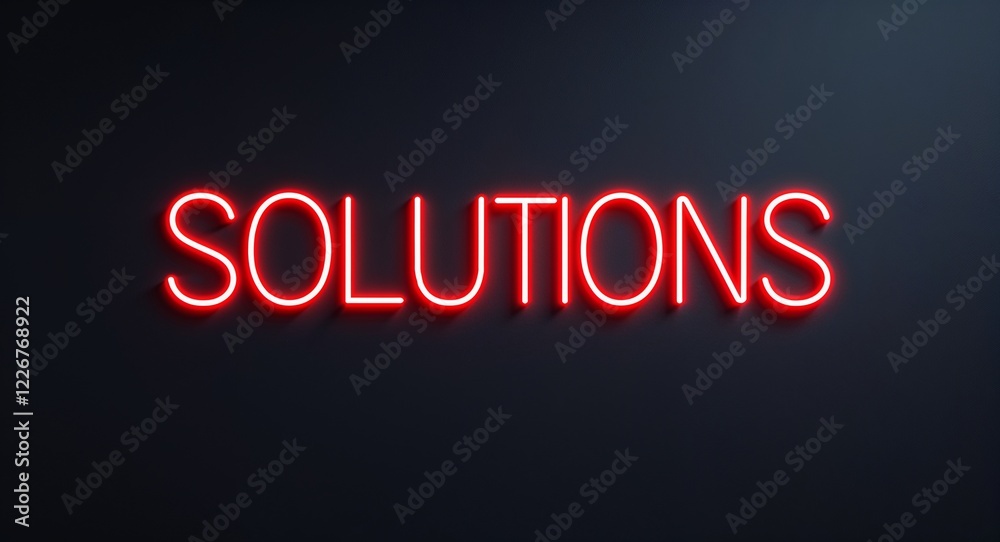solutions word lettering with neon red glow on plain black dark background