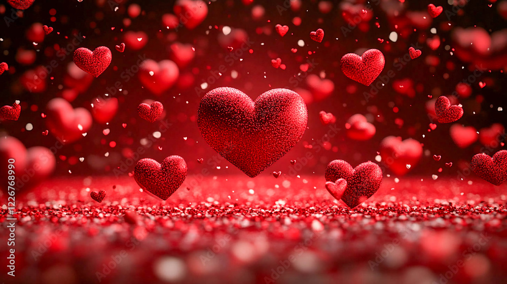 Lots of red hearts falling or hovering over the shiny red surface. Hearts of different sizes, some larger, some smaller, create a sense of movement and depth.