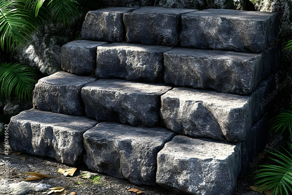 Dark Grey Stone Steps in Lush Tropical Setting Dark Grey Stone Steps in Lush Tropical Setting