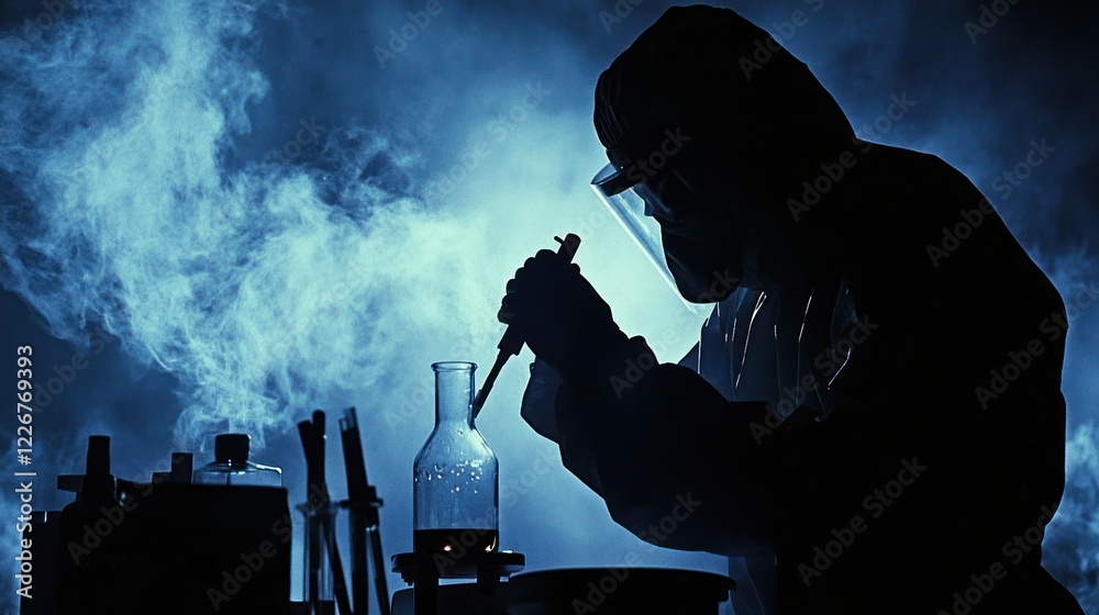 Silhouette of a Scientist in a Hazmat Suit Conducting Research in a Dark Laboratory Silhouette of a Scientist in a Hazmat Suit Conducting Research in a Dark Laboratory