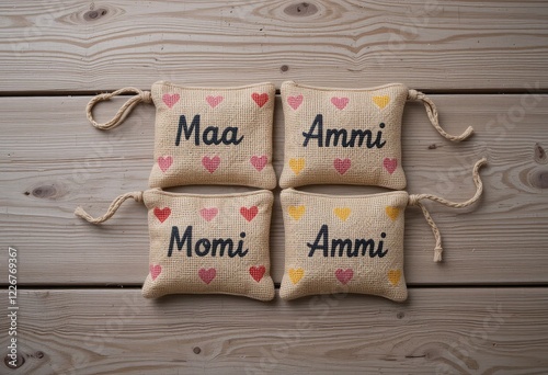 Four Personalized Burlap Pouches with Motherly Names photo