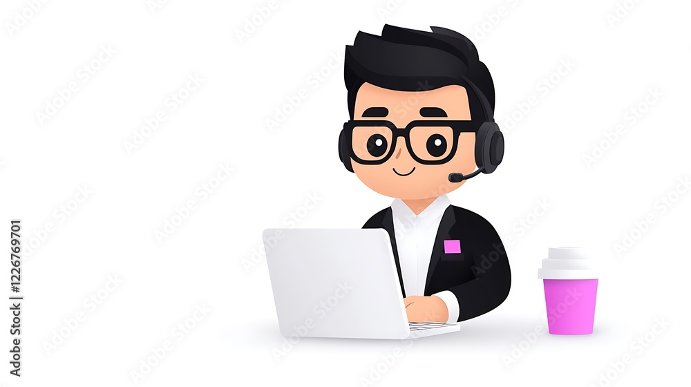 Happy cartoon customer service agent working on laptop with headset and coffee. Happy cartoon customer service agent working on laptop with headset and coffee.