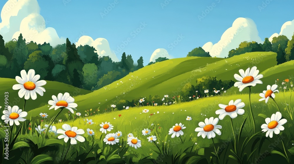 Fototapeta premium Bright Sunlit Meadow Filled with Colorful Flowers in Full Bloom on a Joyful Day