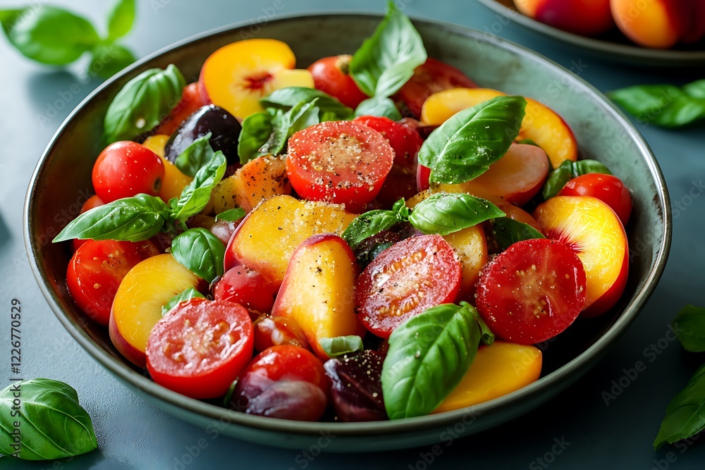 A vibrant bowl of heirloom tomatoes mixed with sweet peaches and basil leaves, capturing the essence of summer in a colorful, fresh dish. A vibrant bowl of heirloom tomatoes mixed with sweet peaches and basil leaves, capturing the essence of summer in a colorful, fresh dish.