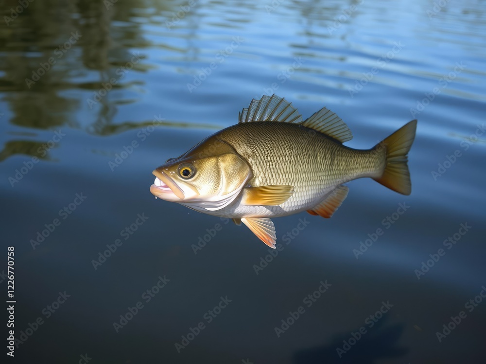 Fototapeta premium Large freshwater perch swimming near the surface of a lake on a sunny day, fishing adventure, fish swimming