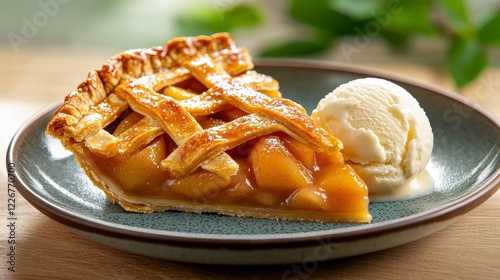 Delicious slice of apple pie served with a scoop of creamy vanilla ice cream on a rustic wooden table