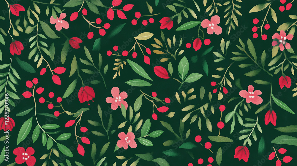 Whimsical Winter Garden: A Festive Floral Pattern on Dark Green Whimsical Winter Garden: A Festive Floral Pattern on Dark Green