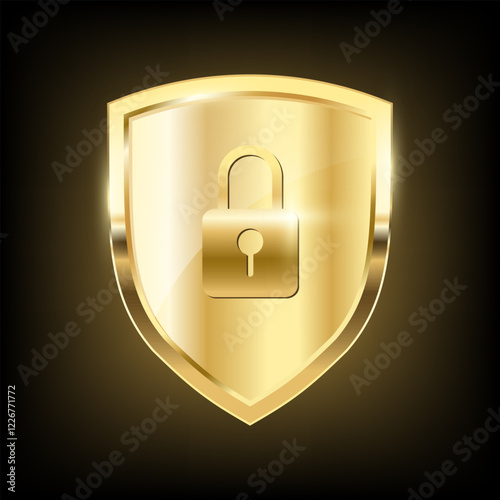 Gold shield with padlock keyhole icon, Realistic isolated golden armory trophy with metal coat, 3d luxury safety protection emblem, vintage shiny royal award. vector design illustration on dark