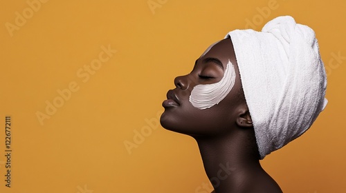 A serene Black woman with a white clay mask on her cheek, showcasing beauty and self-care against a vibrant orange backdrop. photo