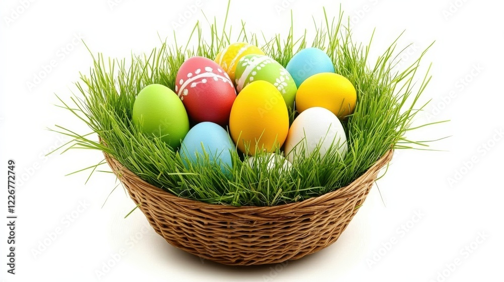 Naklejka premium Bright and Sunny Easter Scene with a Basket Filled with Colorful Eggs and Grass