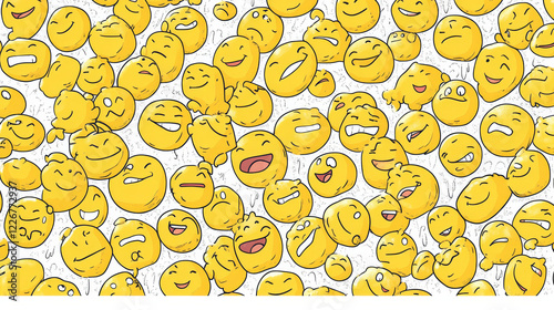 Seamless cartoon smileys pattern for comics flyleaf or backdrop design with crying, laughing, smiling, sore and offended comics faces randomly scattered over white background