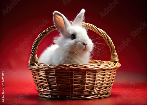 Fluffy White Easter Rabbit in Basket - Animal Protection Concept