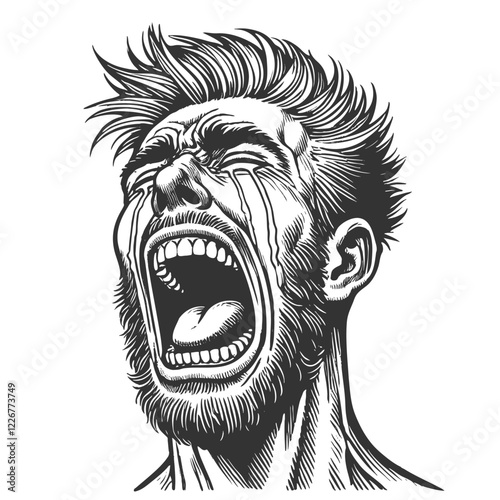 man screaming with tears streaming down his face, expressing raw emotion, anguish, and despair sketch engraving generative ai vector illustration. Scratch board imitation. Black and white image.