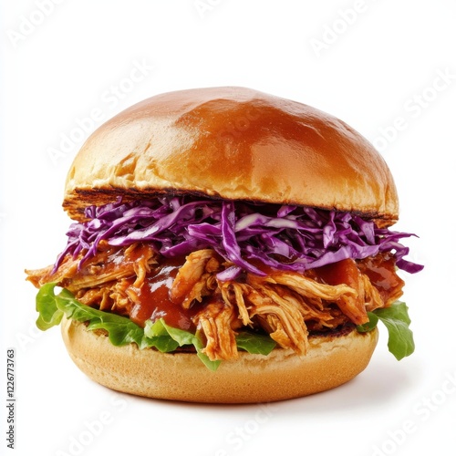 A tangy BBQ pulled chicken burger with red cabbage slaw, isolated white background, minimalist art style photo