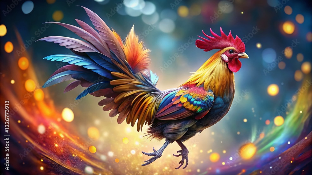 Fototapeta premium Flying Rooster Bokeh Effect Isolated Photo
