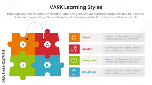VARK learning styles infographic 4 point stage template with puzzle jigsaw shopping bag with rectangle shape stack for slide presentation