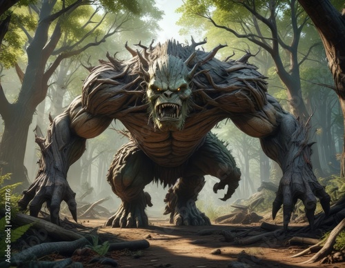 Massive, hulking creature made of tree trunks and branches, wilderness, moss