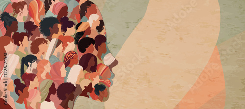 Profile silhouette group of many multicultural women and girls forming a woman head in profile. Female community of social network. Racial equality. Allyship. Empowerment. Poster - Banner
