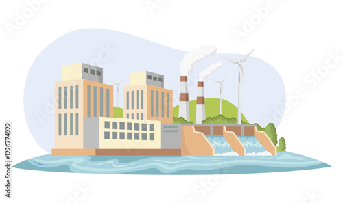 Power plant with hydro, wind turbines, and chimneys in landscape setting. Renewable energy concept on light background. Vector illustration