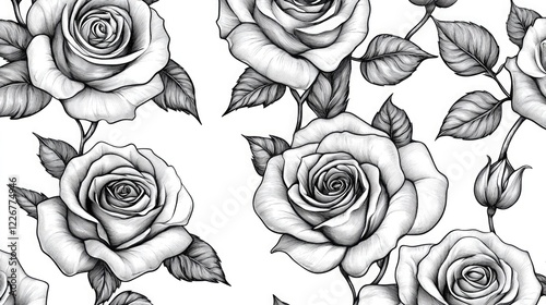 Wallpaper Mural Black Line Flower Pattern: Pattern of black line flowers on white background, roses illustration in black and white. Torontodigital.ca