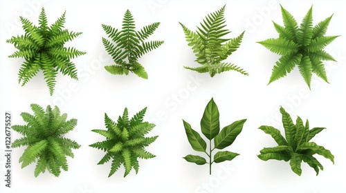 green fern plants in top view isolated on transparent or white background  photo