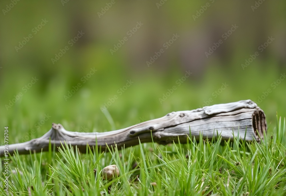 Fototapeta premium A weathered branch rests in vibrant green grass, contrasting textures nature scene