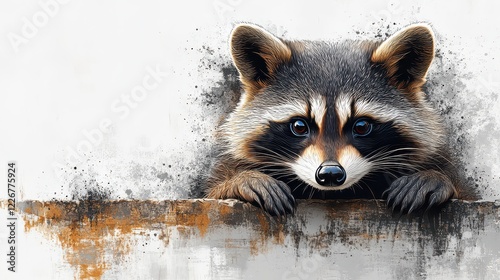 Curious raccoon peering over wall, nature background, wildlife art photo