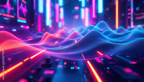 Neon Wave Data: Abstract Digital Landscape in Vivid Pink and Blue